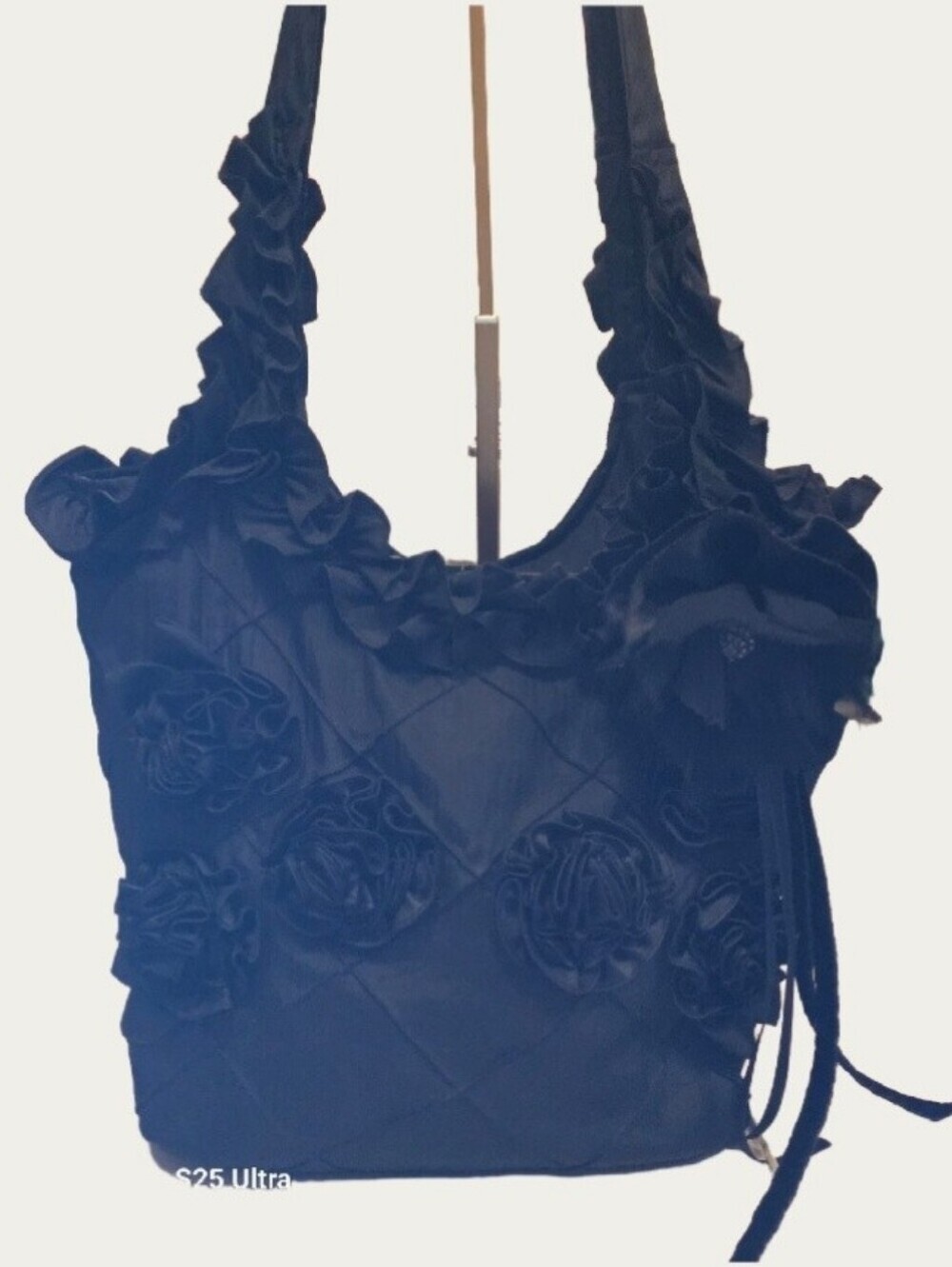 Vintage Chateau Y2K Black Quilted Nylon Rosette Ruffle Hobo Shoulder Bag EUC